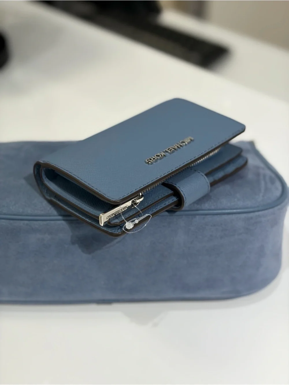Michael Kors Dusty Blue Suede Shoulder Bag Crossbody with Matching Wallet
